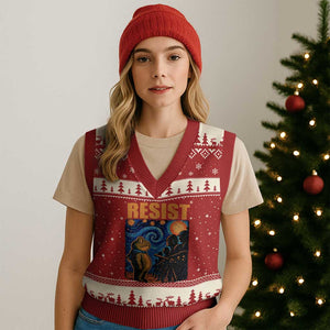 Starry Night Resist Frog V-Neck Knit Sweater Vest Resistance Protest Surreal Art Graphic TS02 Red Beige Print Your Wear
