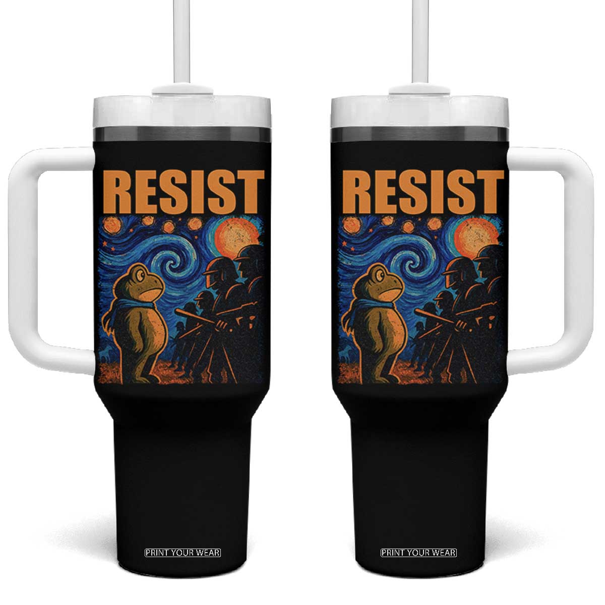 Starry Night Resist Frog Tumbler With Handle Resistance Protest Surreal Art Graphic TS02 One Size: 40 oz Black Print Your Wear