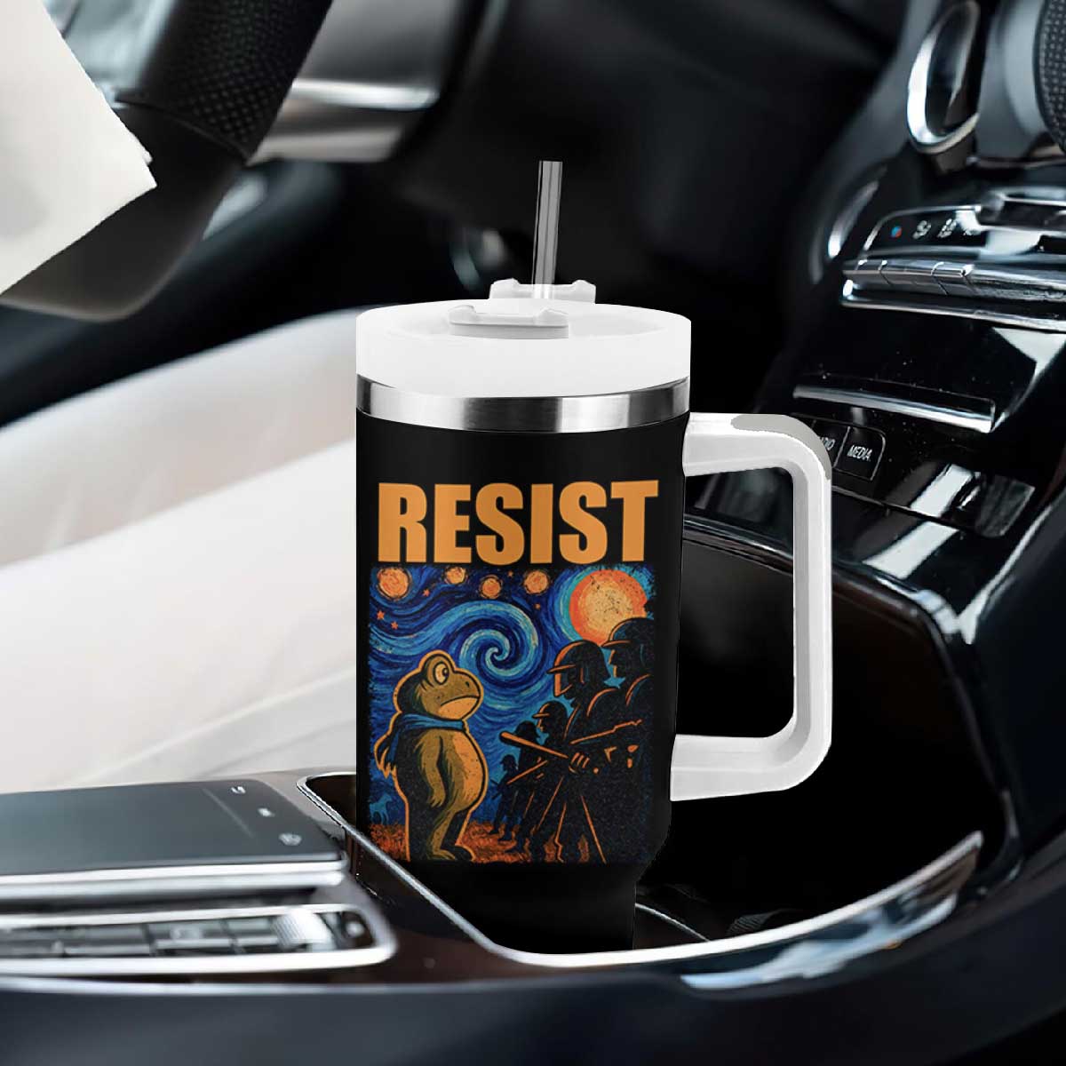 Starry Night Resist Frog Tumbler With Handle Resistance Protest Surreal Art Graphic TS02 Print Your Wear