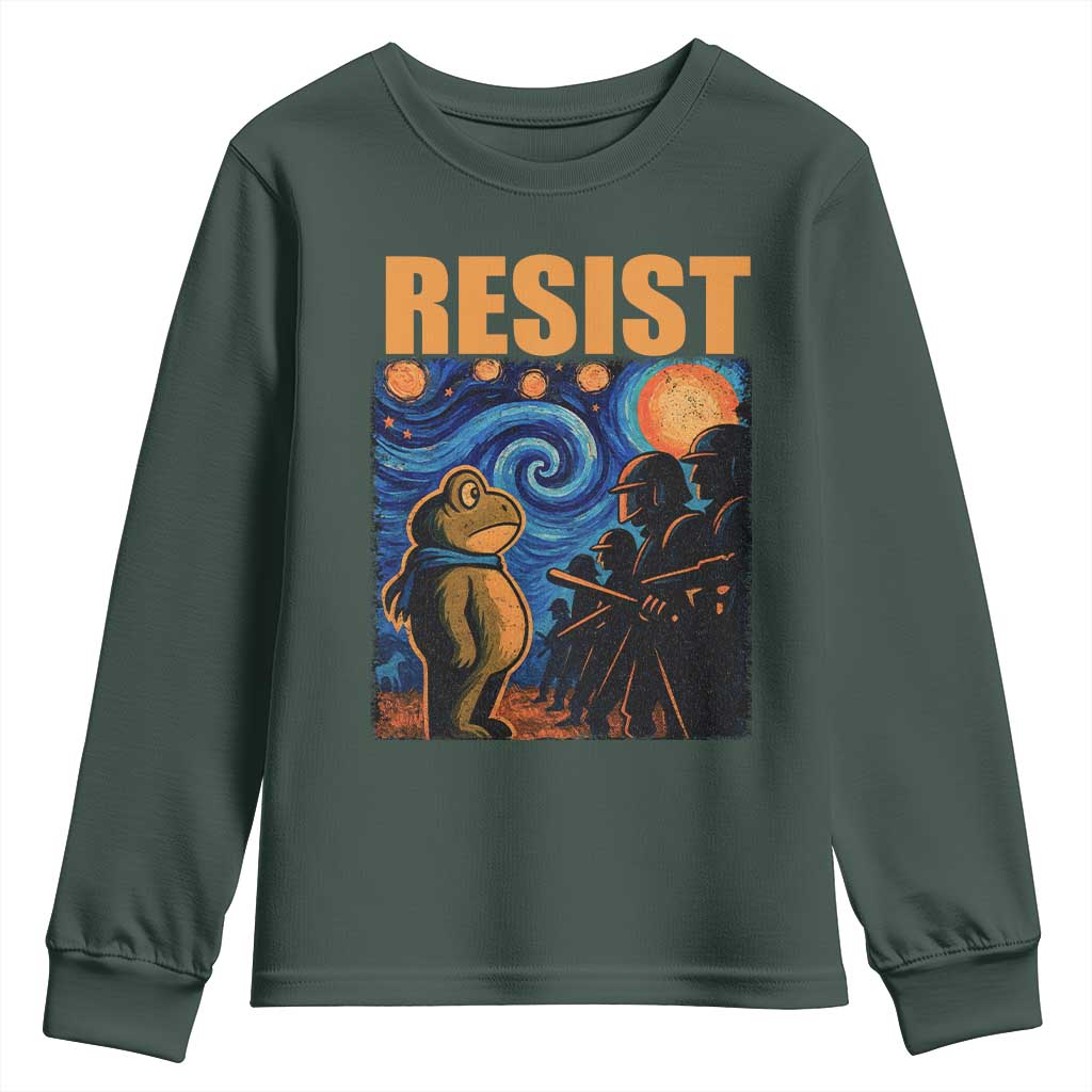 Starry Night Resist Frog Youth Sweatshirt Resistance Protest Surreal Art Graphic TS02 Dark Forest Green Print Your Wear