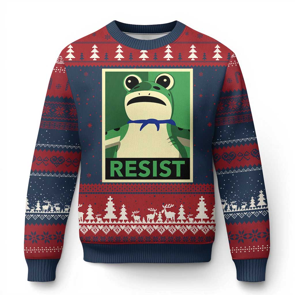 Frog Resist Poster Graphic Ugly Christmas Sweater Portland Resistance Protest Minimalist TS02 Navy Red Print Your Wear
