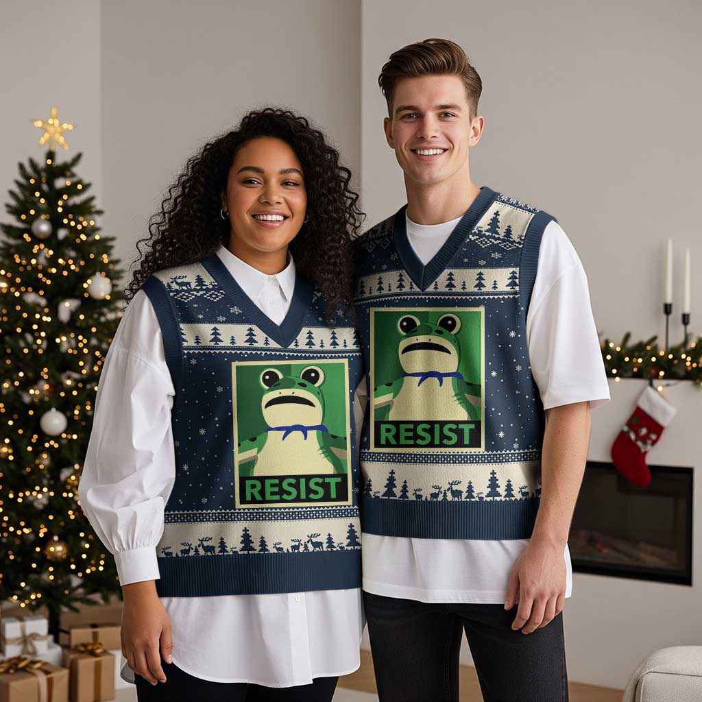 Frog Resist Poster Graphic V-Neck Knit Sweater Vest Portland Resistance Protest Minimalist TS02 Navy Beige Print Your Wear