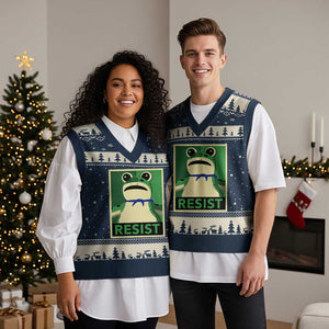 Frog Resist Poster Graphic V-Neck Knit Sweater Vest Portland Resistance Protest Minimalist TS02 Navy Beige Print Your Wear
