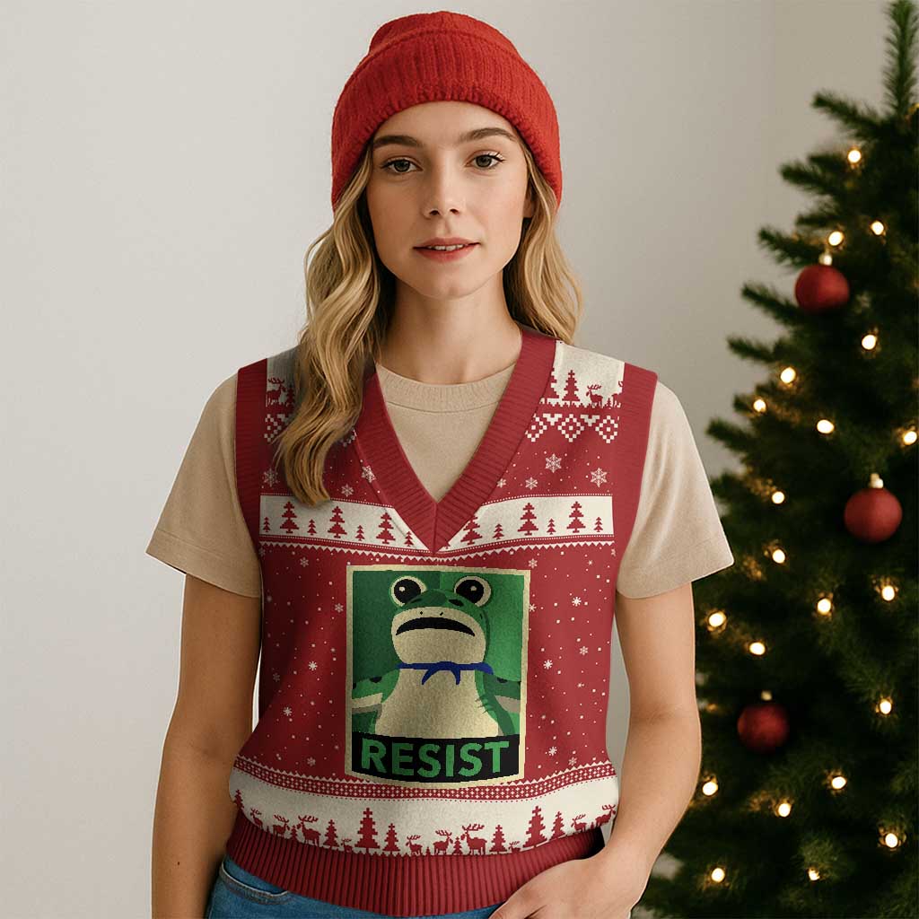 Frog Resist Poster Graphic V-Neck Knit Sweater Vest Portland Resistance Protest Minimalist TS02 Red Beige Print Your Wear