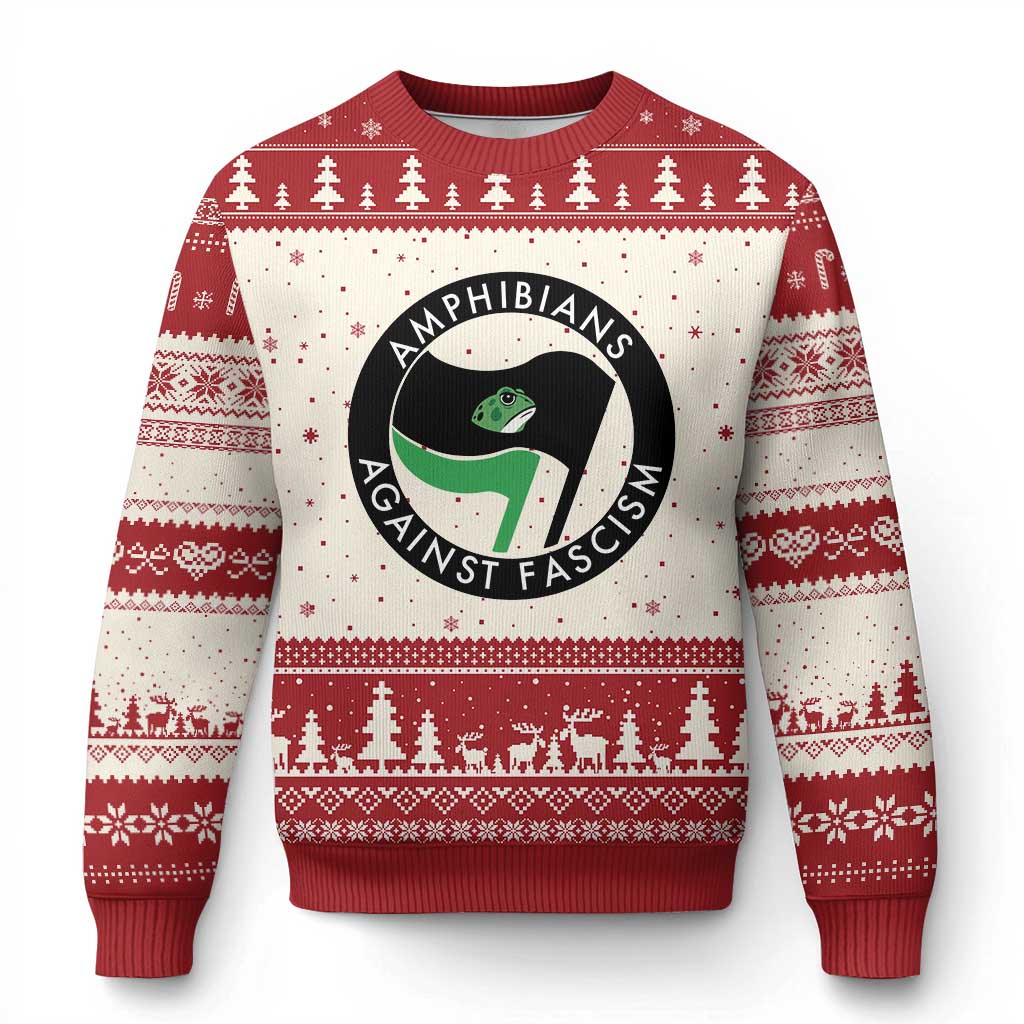 Amphibians Against Fascism Ugly Christmas Sweater Anti-Fascist Frog Logo Portland Protest TS02 Beige Red Print Your Wear