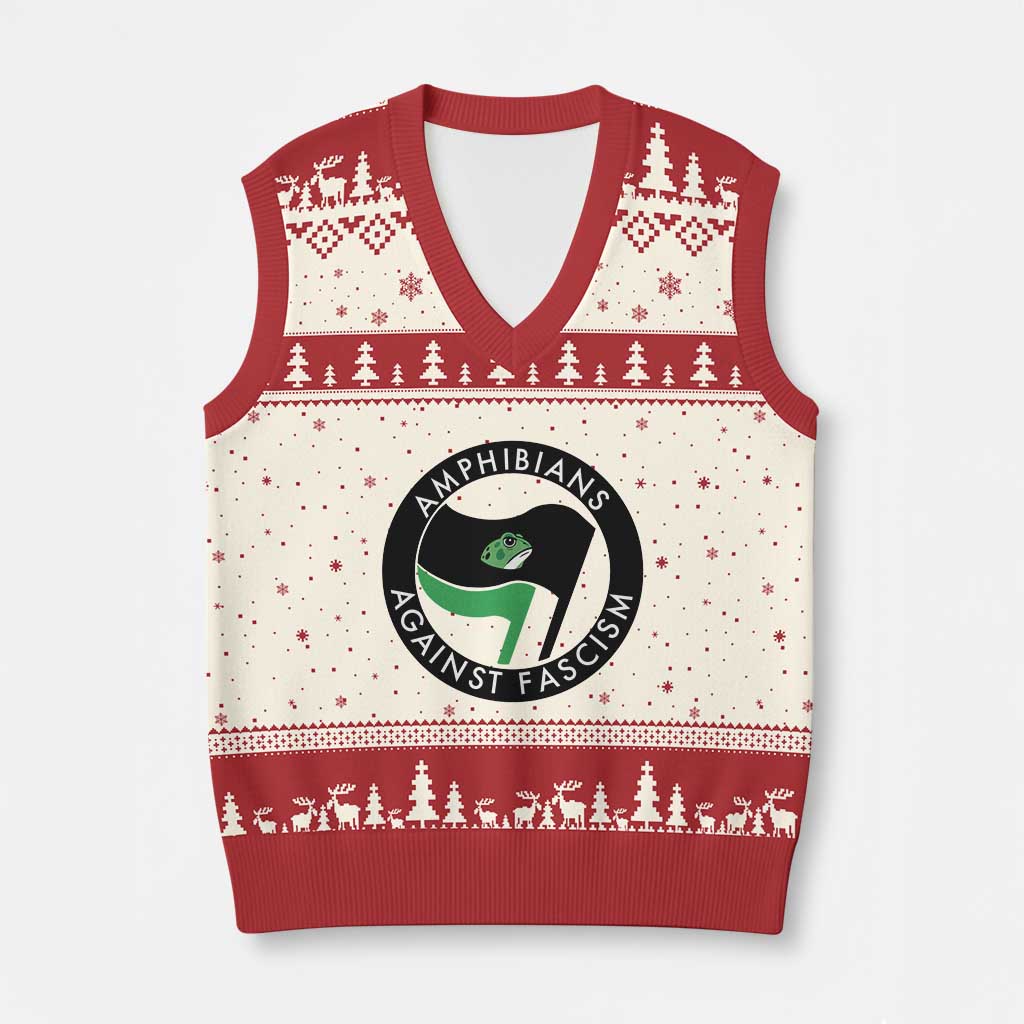 Amphibians Against Fascism V-Neck Knit Sweater Vest Anti-Fascist Frog Logo Portland Protest TS02 Beige Red Print Your Wear