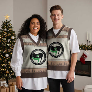 Amphibians Against Fascism V-Neck Knit Sweater Vest Anti-Fascist Frog Logo Portland Protest TS02 Mocha Mousse Print Your Wear
