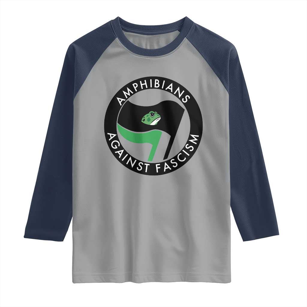 Amphibians Against Fascism Raglan Shirt Anti-Fascist Frog Logo Portland Protest TS02 Sport Gray Navy Print Your Wear