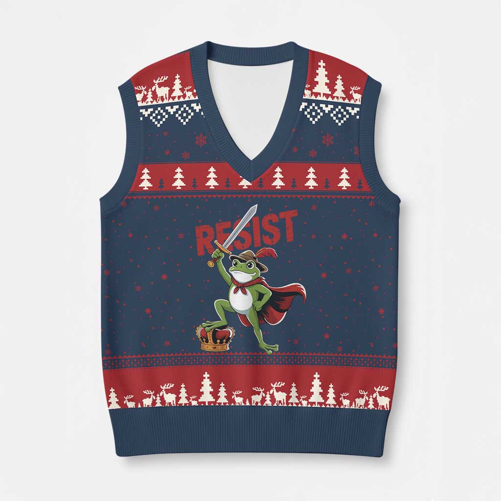 Sword Wielding Frog Resistance V-Neck Knit Sweater Vest Resist Protest No Kings TS02 Navy Red Print Your Wear
