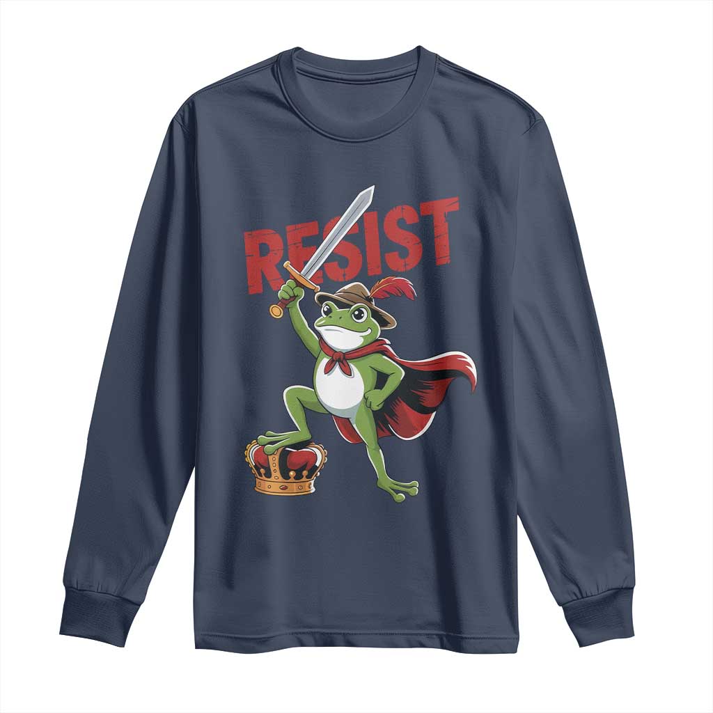 Sword Wielding Frog Resistance Long Sleeve Shirt Resist Protest No Kings TS02 Navy Print Your Wear