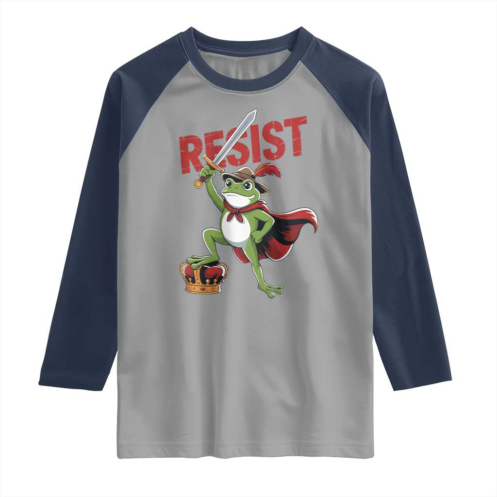 Sword Wielding Frog Resistance Raglan Shirt Resist Protest No Kings TS02 Sport Gray Navy Print Your Wear