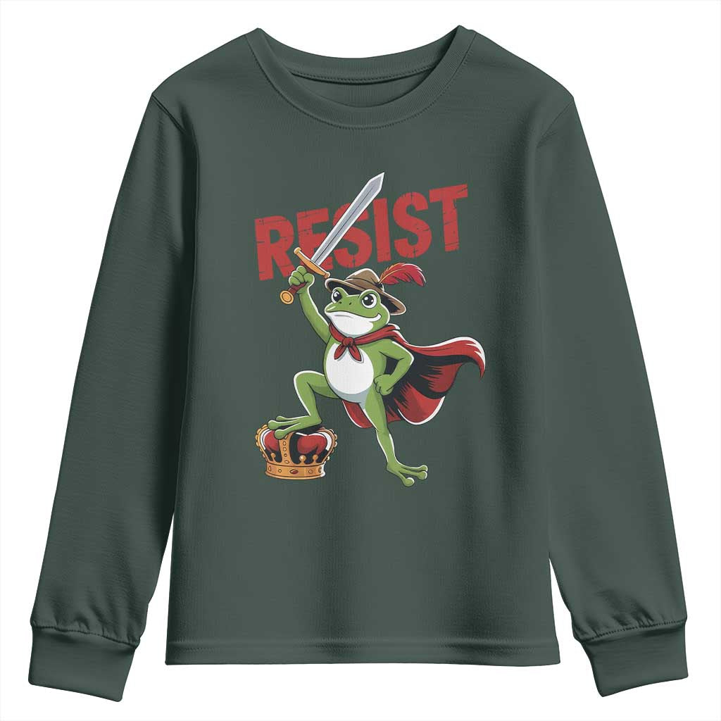 Sword Wielding Frog Resistance Youth Sweatshirt Resist Protest No Kings TS02 Dark Forest Green Print Your Wear