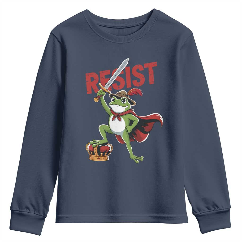 Sword Wielding Frog Resistance Youth Sweatshirt Resist Protest No Kings TS02 Navy Print Your Wear