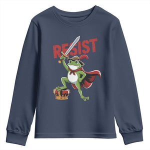 Sword Wielding Frog Resistance Youth Sweatshirt Resist Protest No Kings TS02 Navy Print Your Wear
