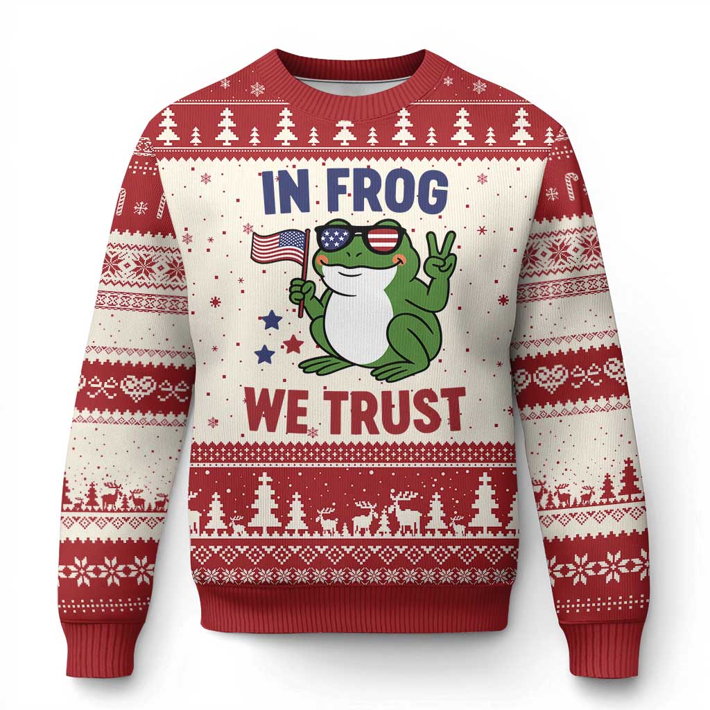 In Frog We Trust Ugly Christmas Sweater Patriotic Portland Frogs Protest TS02 Beige Red Print Your Wear