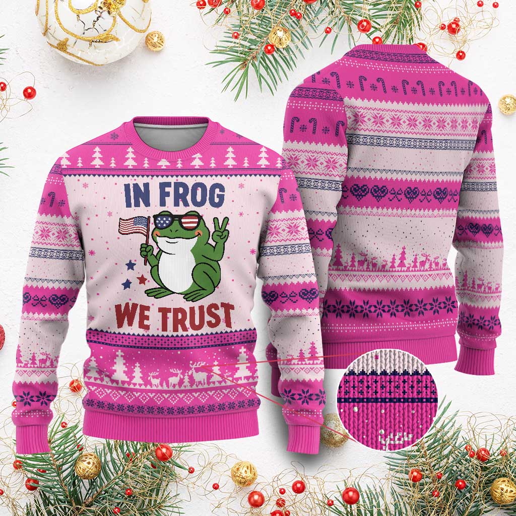 In Frog We Trust Ugly Christmas Sweater Patriotic Portland Frogs Protest TS02 Hot Pink Print Your Wear