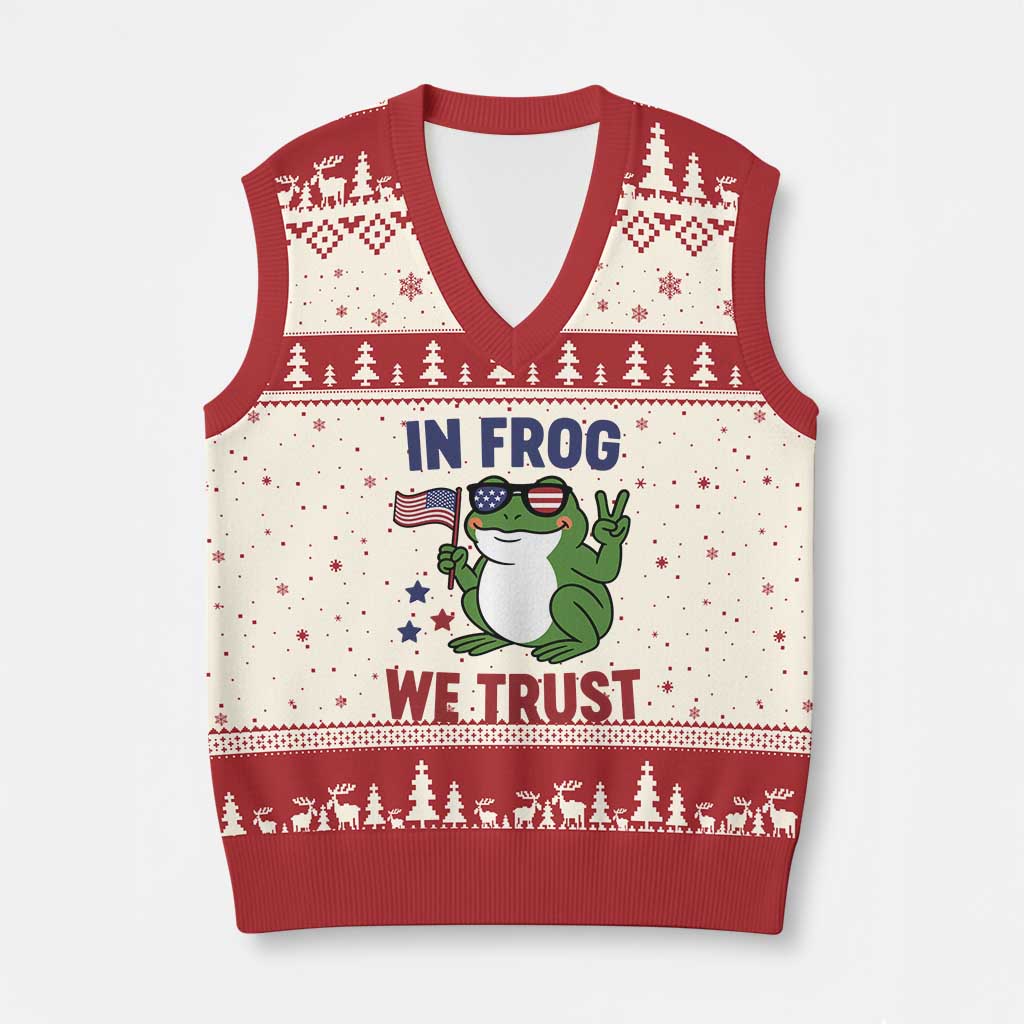 In Frog We Trust V-Neck Knit Sweater Vest Patriotic Portland Frogs Protest TS02 Beige Red Print Your Wear