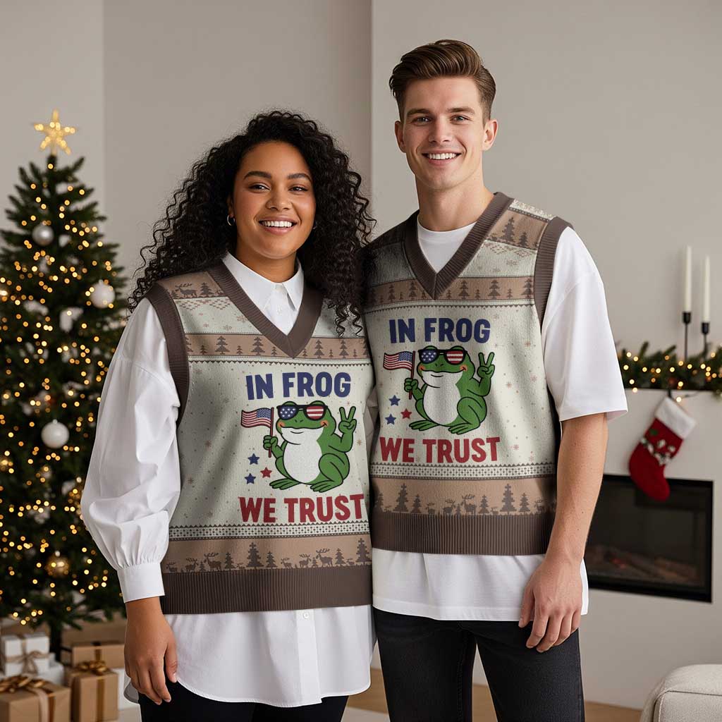 In Frog We Trust V-Neck Knit Sweater Vest Patriotic Portland Frogs Protest TS02 Mocha Mousse Print Your Wear