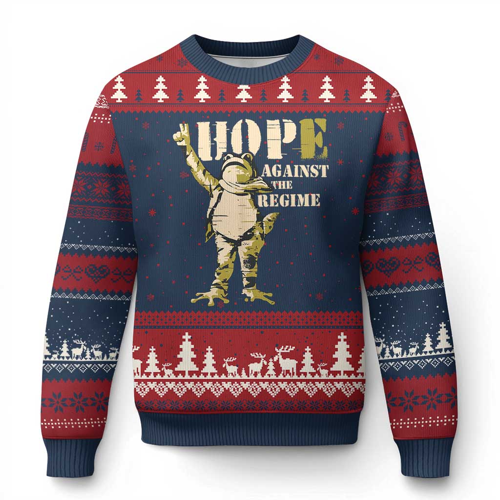 Stencil Protest Frog Ugly Christmas Sweater Hope Against the Regime Portland Inflatable Resistance TS02 Navy Red Print Your Wear