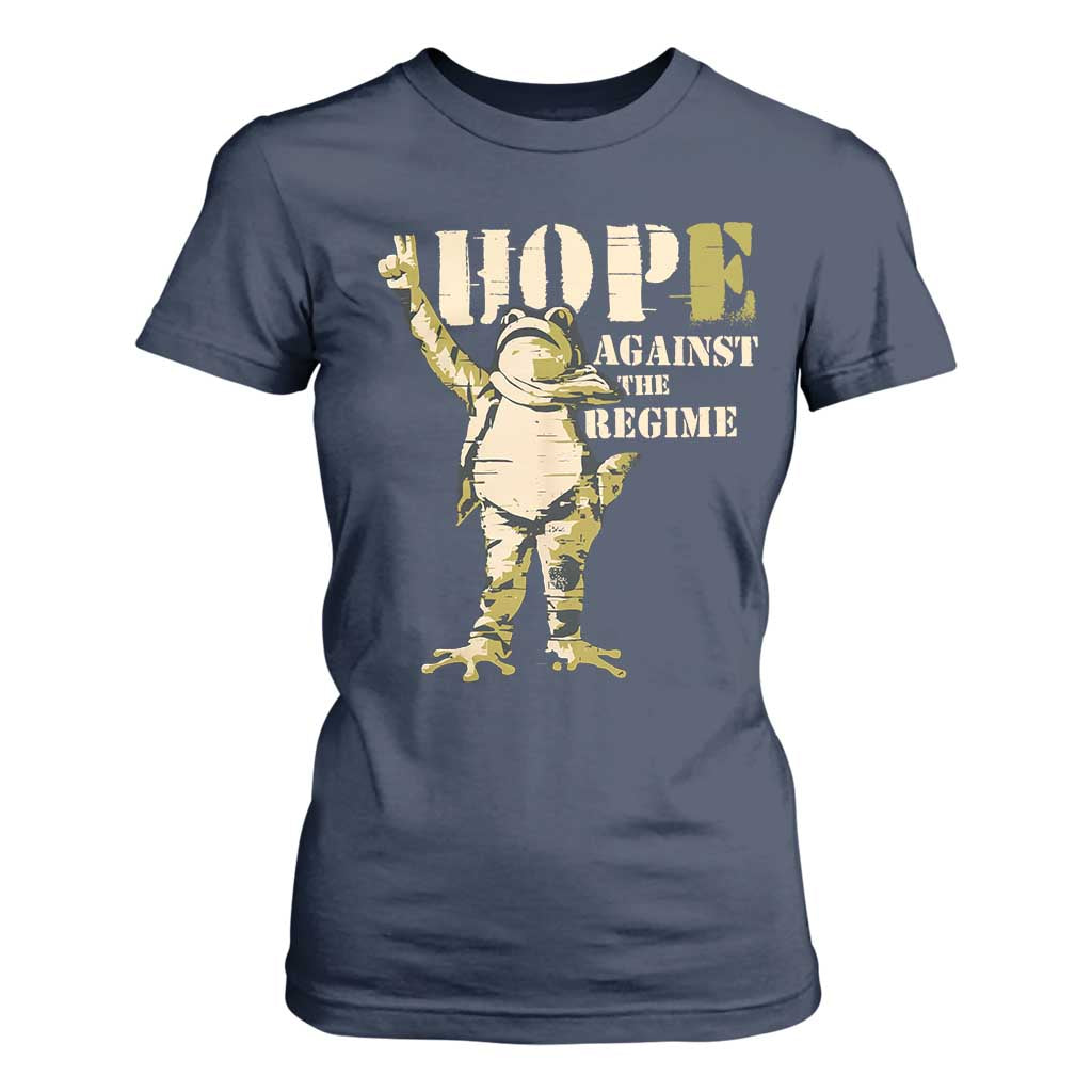 Stencil Protest Frog T Shirt For Women Hope Against the Regime Portland Inflatable Resistance TS02 Navy Print Your Wear