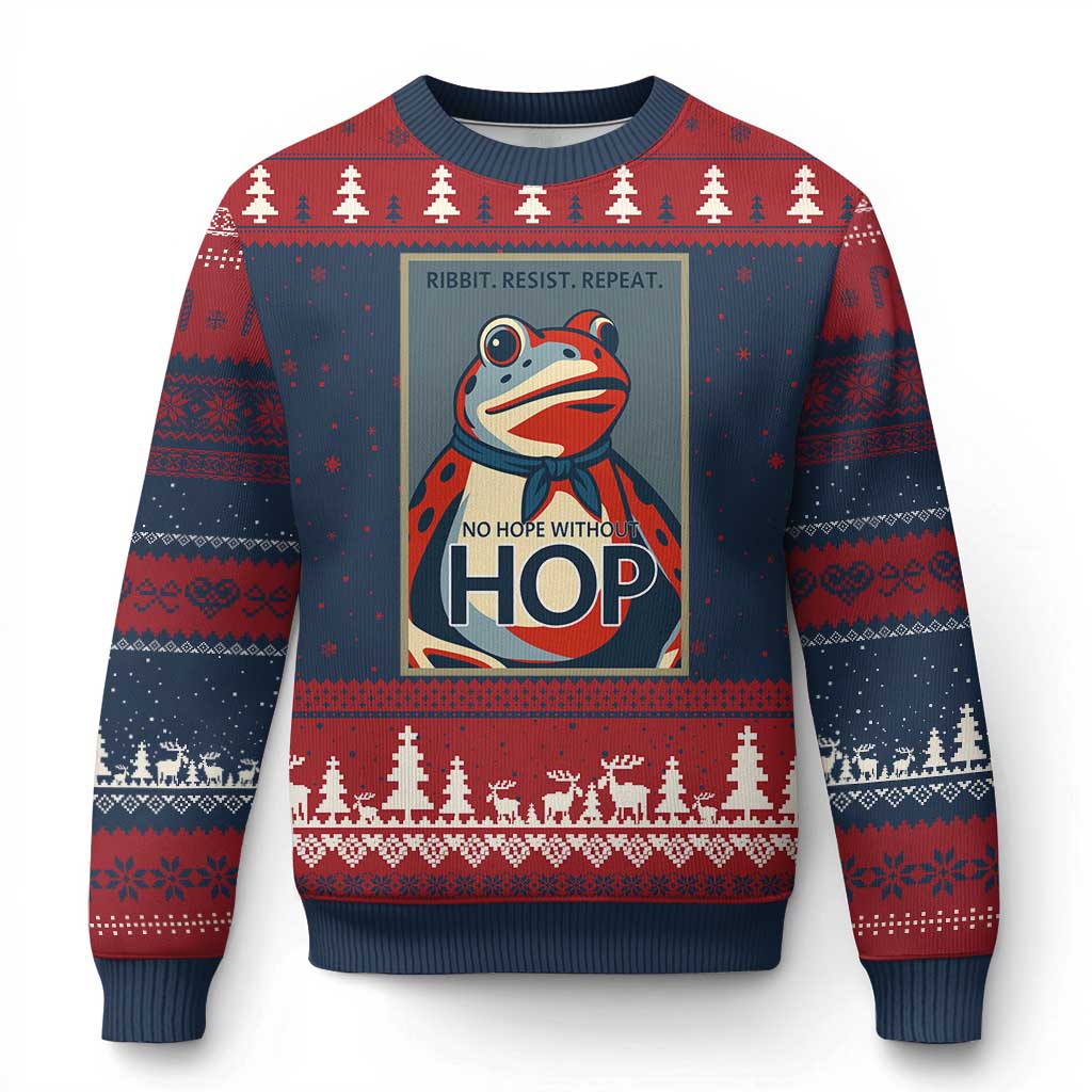No Hope Without Hop Ugly Christmas Sweater Ribbit Resist Repeat Resistance Frog Protest Pop Art Graphic - Print Your Wear