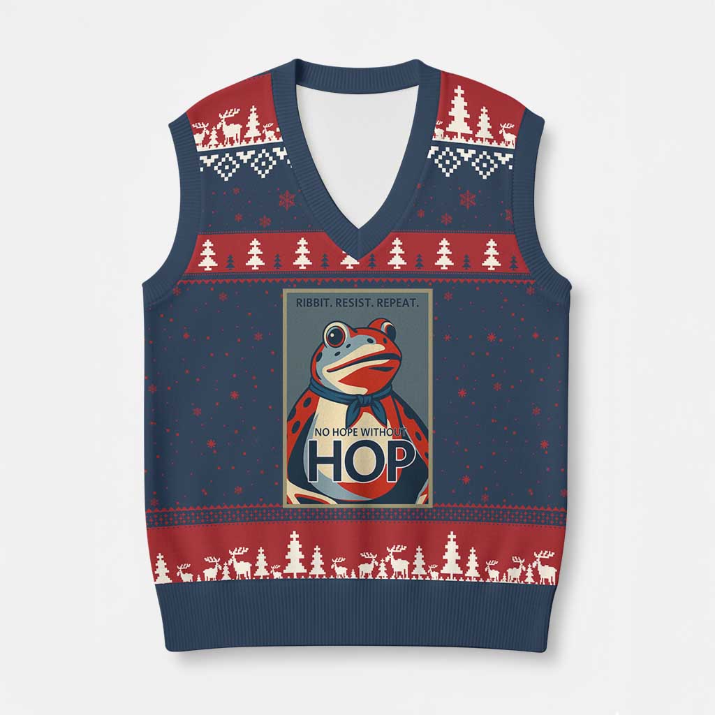 No Hope Without Hop V-Neck Knit Sweater Vest Ribbit Resist Repeat Resistance Frog Protest Pop Art Graphic TS02 Navy Red Print Your Wear