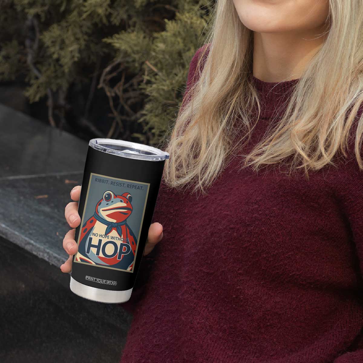 No Hope Without Hop Tumbler Cup Ribbit Resist Repeat Resistance Frog Protest Pop Art Graphic TS02 Print Your Wear