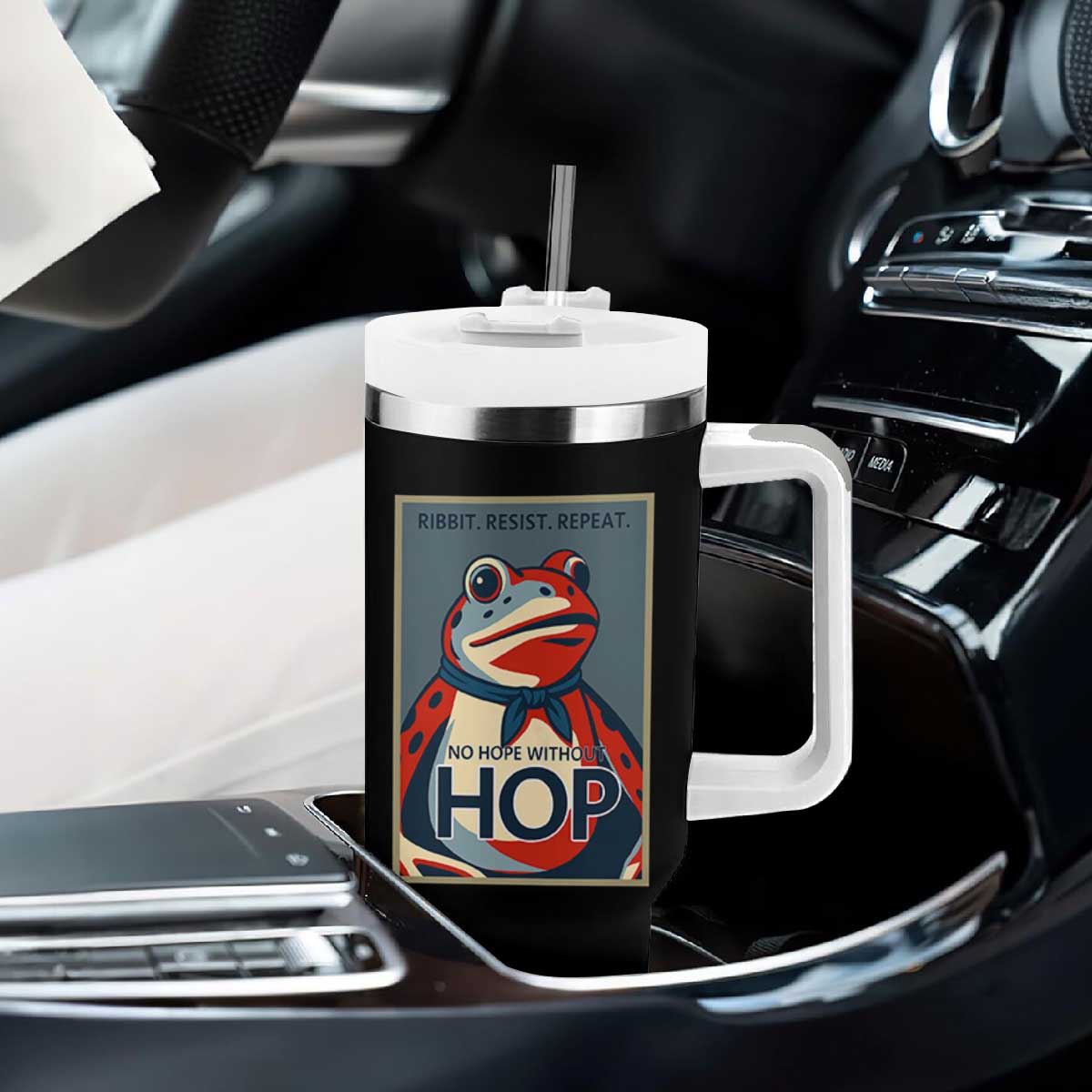No Hope Without Hop Tumbler With Handle Ribbit Resist Repeat Resistance Frog Protest Pop Art Graphic TS02 Print Your Wear