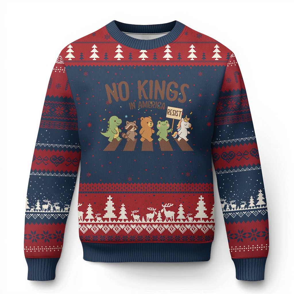 No Kings in America Ugly Christmas Sweater Resist Protest Cute Animal Resistance March TS02 Navy Red Print Your Wear