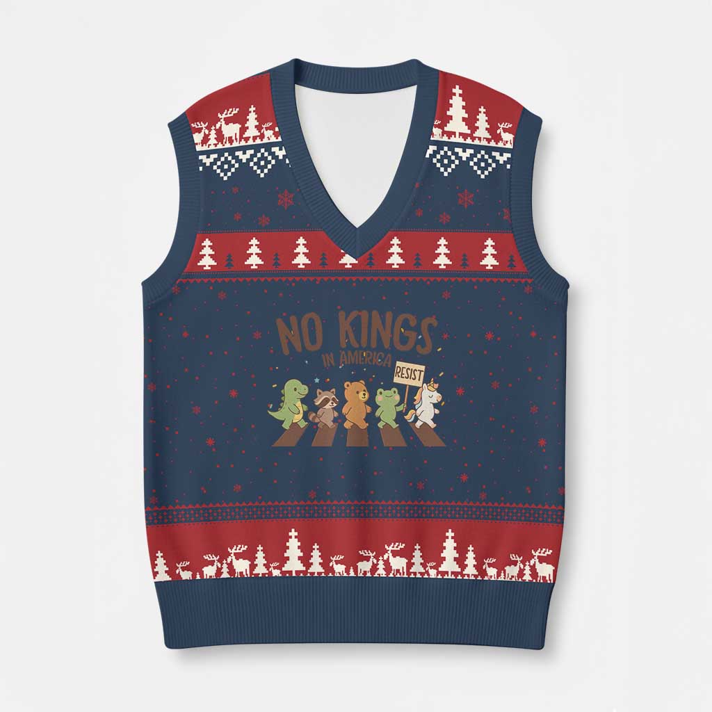 No Kings in America V-Neck Knit Sweater Vest Resist Protest Cute Animal Resistance March - Print Your Wear