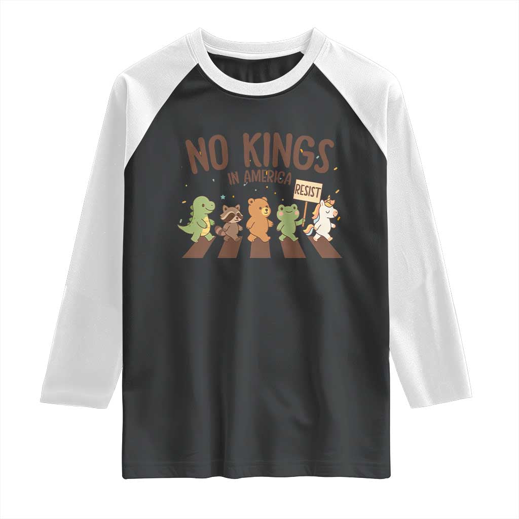 No Kings in America Raglan Shirt Resist Protest Cute Animal Resistance March TS02 Black White Print Your Wear
