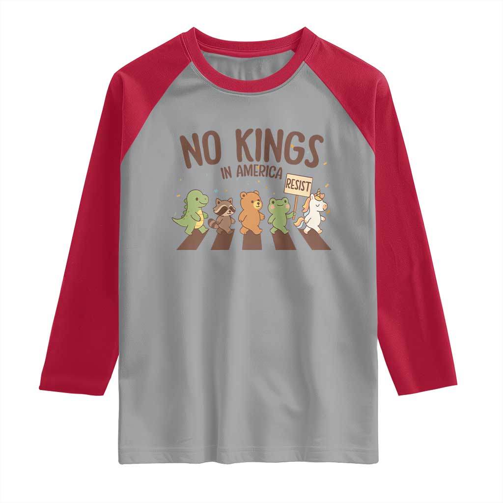 No Kings in America Raglan Shirt Resist Protest Cute Animal Resistance March TS02 Sport Gray Red Print Your Wear