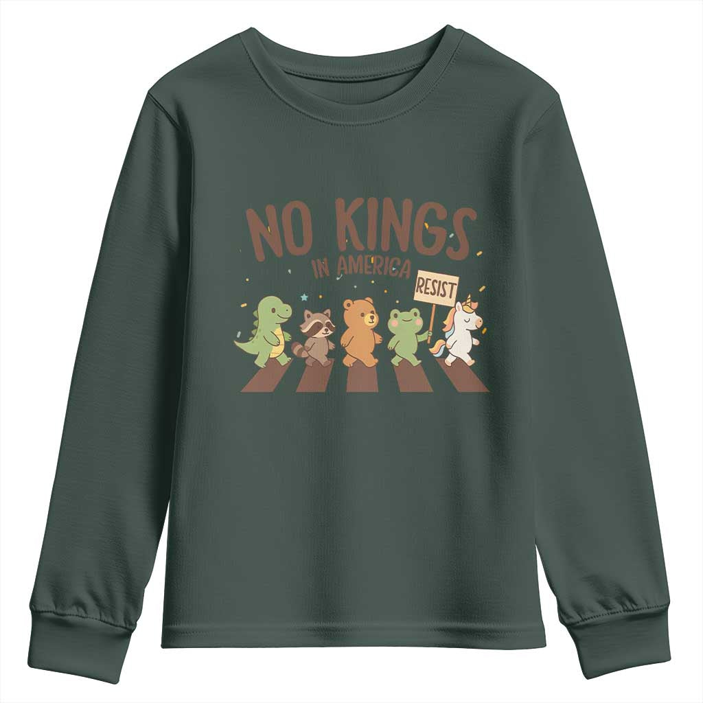 No Kings in America Youth Sweatshirt Resist Protest Cute Animal Resistance March TS02 Dark Forest Green Print Your Wear