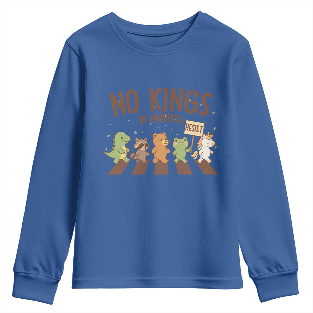 No Kings in America Youth Sweatshirt Resist Protest Cute Animal Resistance March TS02 Royal Blue Print Your Wear