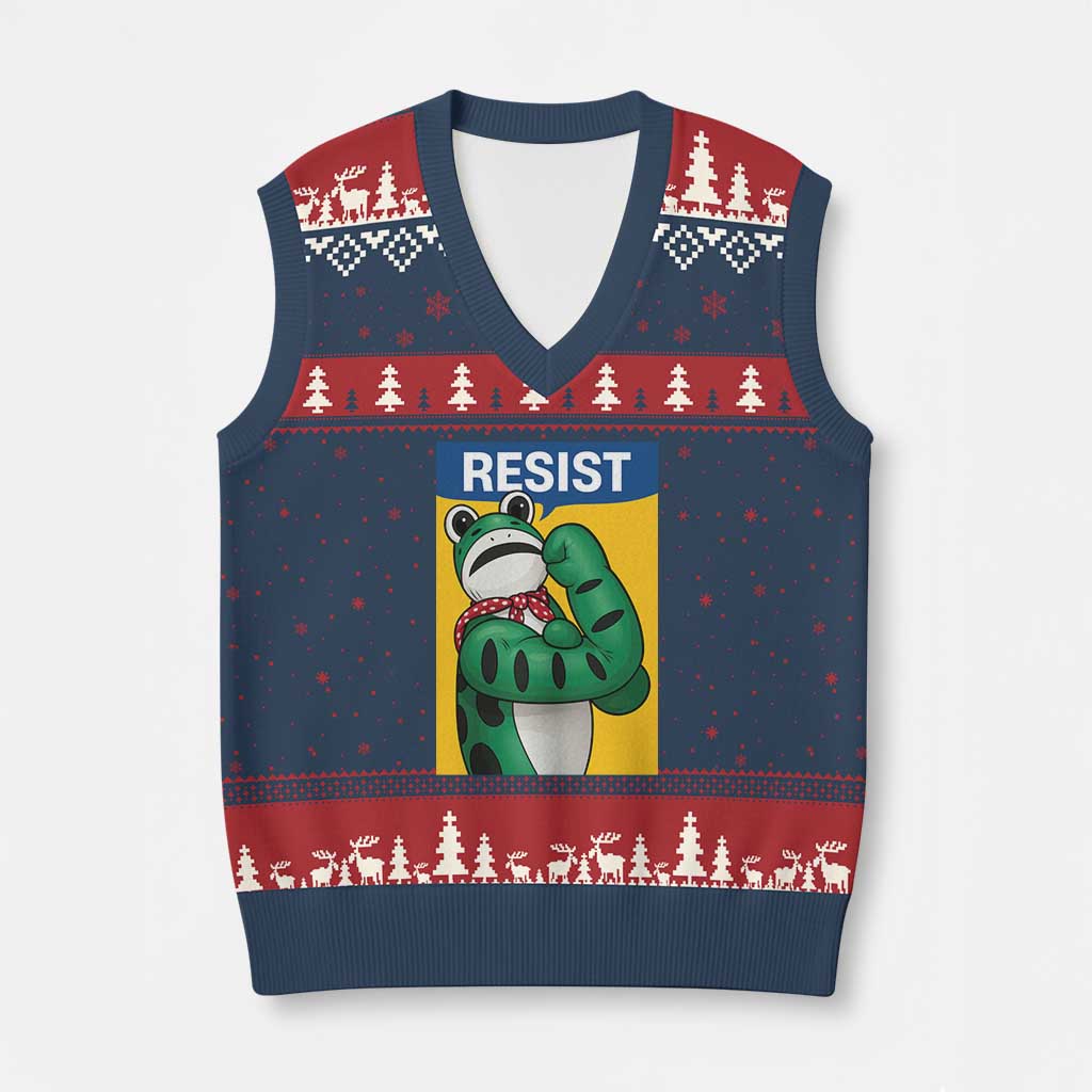 Resist Rosie Frog V-Neck Knit Sweater Vest Protest Parody Feminist Retro Poster TS02 Navy Red Print Your Wear