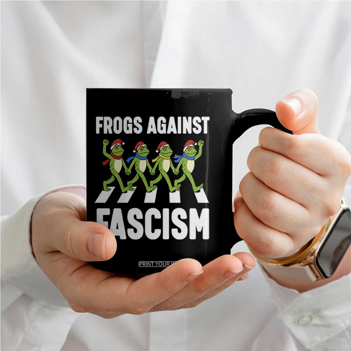 Santa Frog Against Fascism Coffee Mug Christmas Holiday Frogs Band Resistance Protest - Print Your Wear