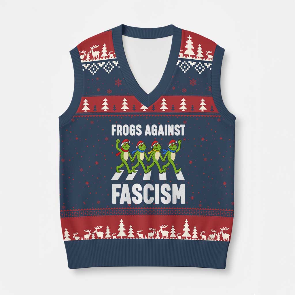 Santa Frog Against Fascism V-Neck Knit Sweater Vest Xmas Holiday Frogs Band Resistance Protest - Print Your Wear