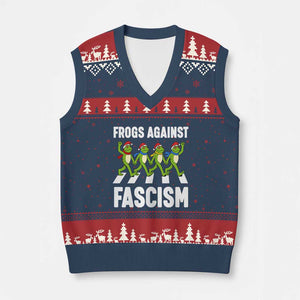 Santa Frog Against Fascism V-Neck Knit Sweater Vest Xmas Holiday Frogs Band Resistance Protest - Print Your Wear