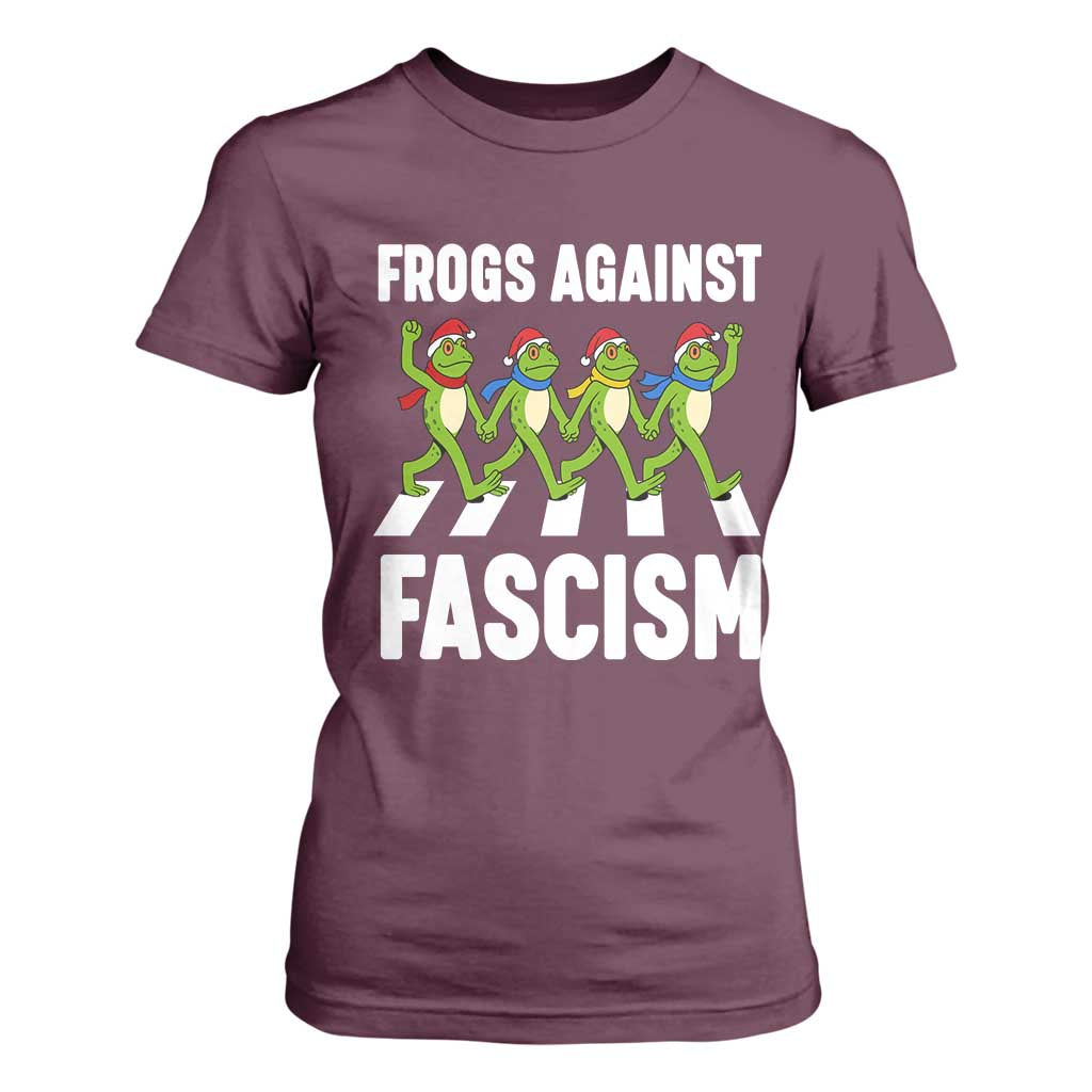 Santa Frog Against Fascism T Shirt For Women Christmas Holiday Frogs Band Resistance Protest TS02 Maroon Print Your Wear