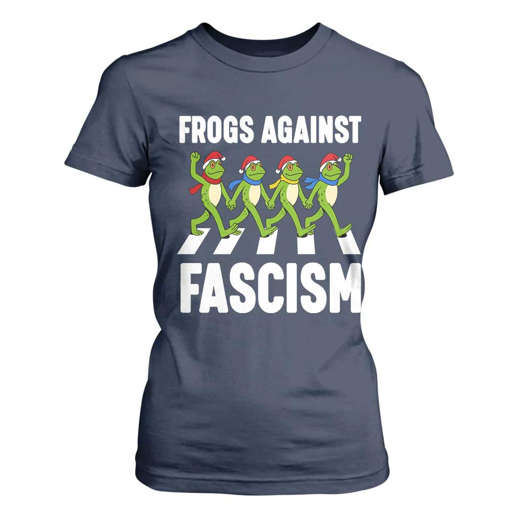 Santa Frog Against Fascism T Shirt For Women Christmas Holiday Frogs Band Resistance Protest TS02 Navy Print Your Wear