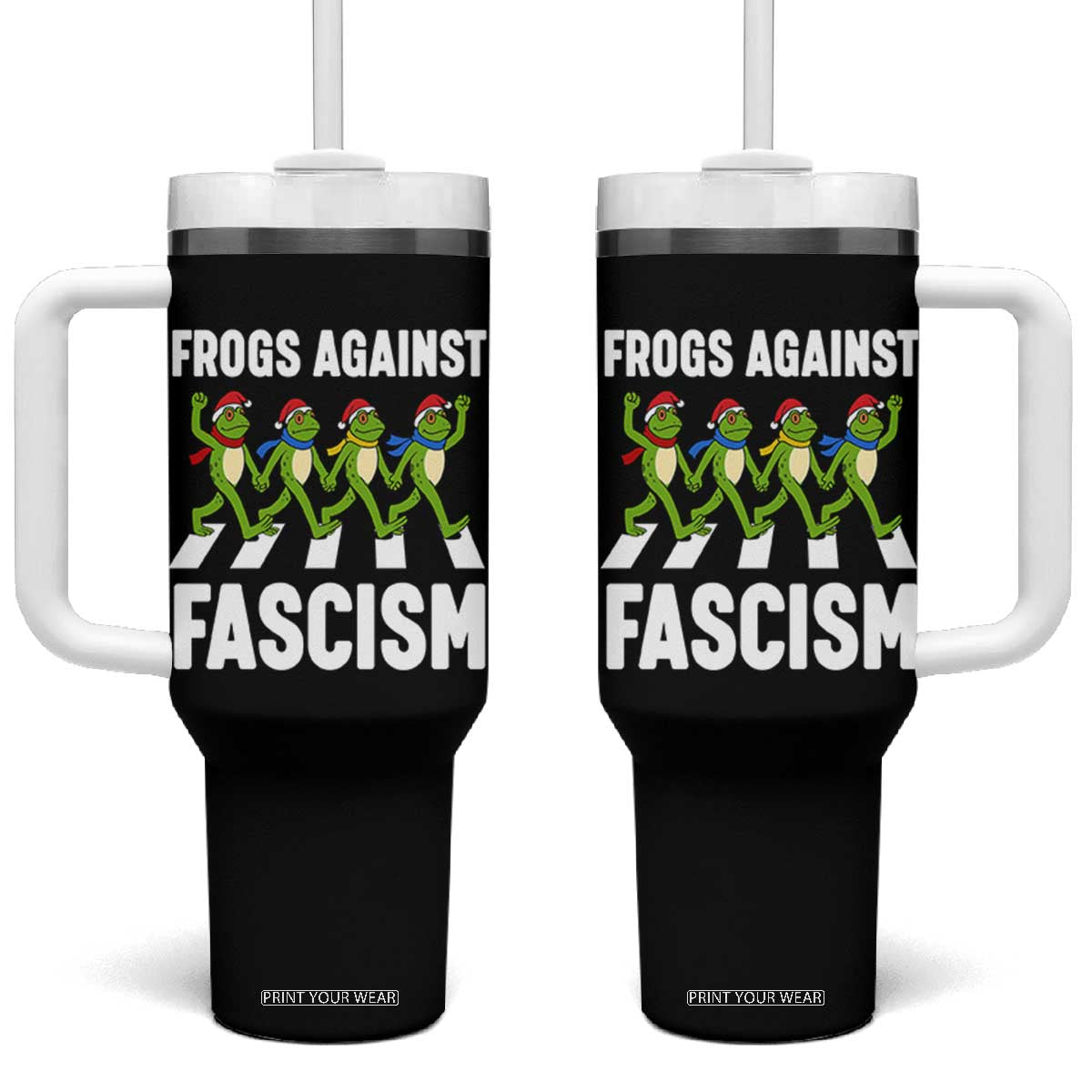 Santa Frog Against Fascism Tumbler With Handle Christmas Holiday Frogs Band Resistance Protest - Print Your Wear