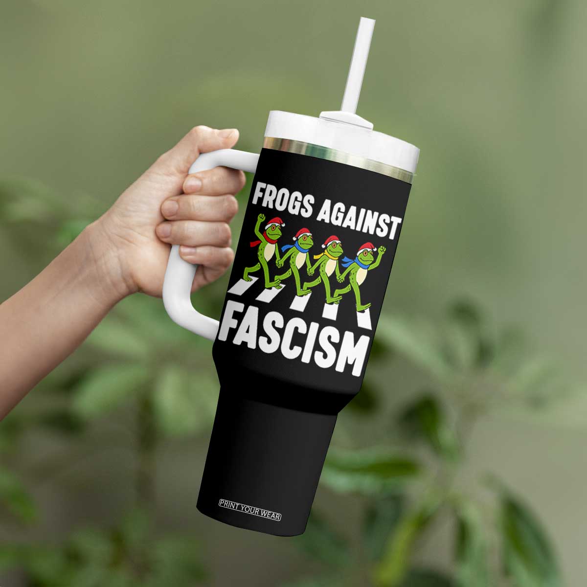Santa Frog Against Fascism Tumbler With Handle Christmas Holiday Frogs Band Resistance Protest TS02 Print Your Wear