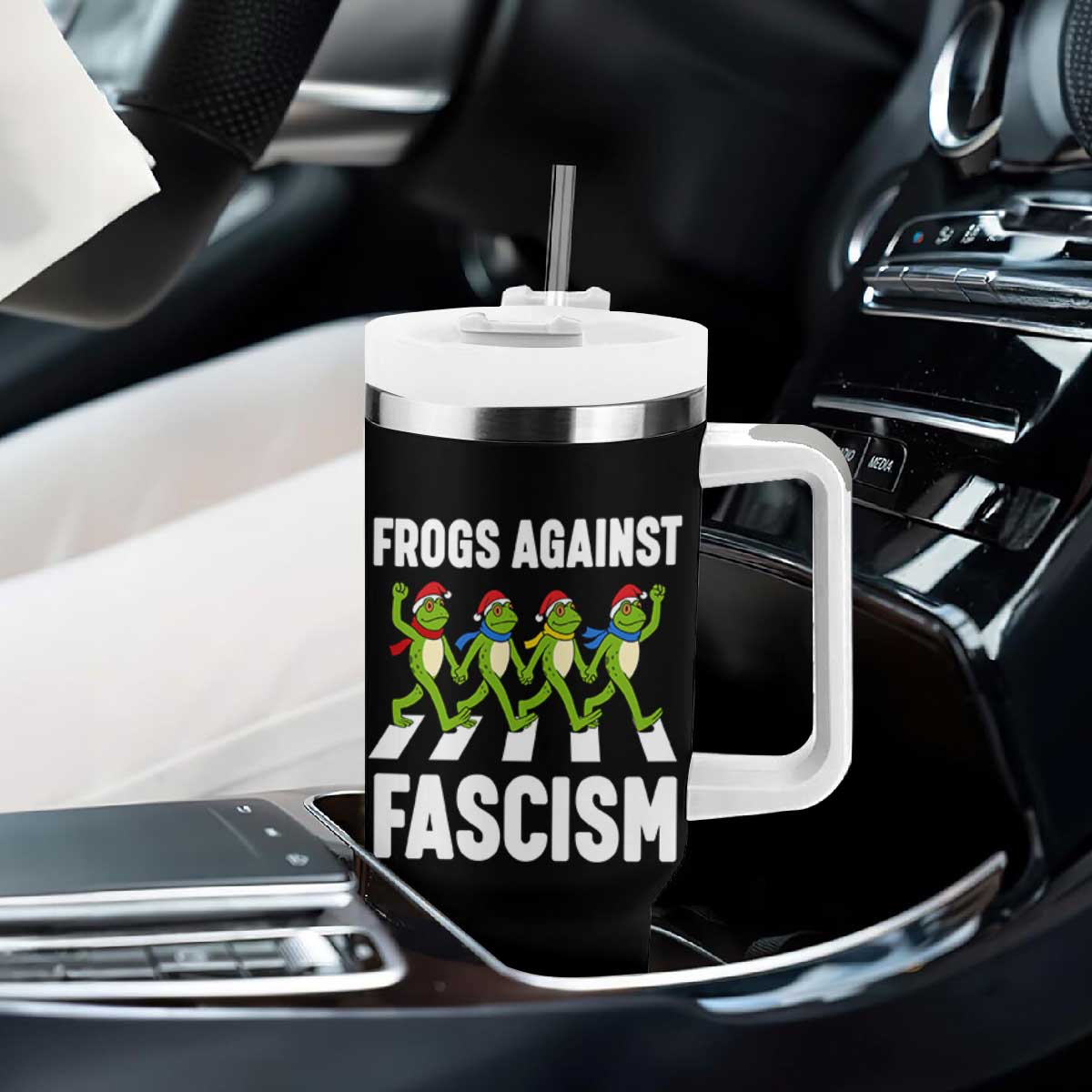 Santa Frog Against Fascism Tumbler With Handle Christmas Holiday Frogs Band Resistance Protest - Print Your Wear