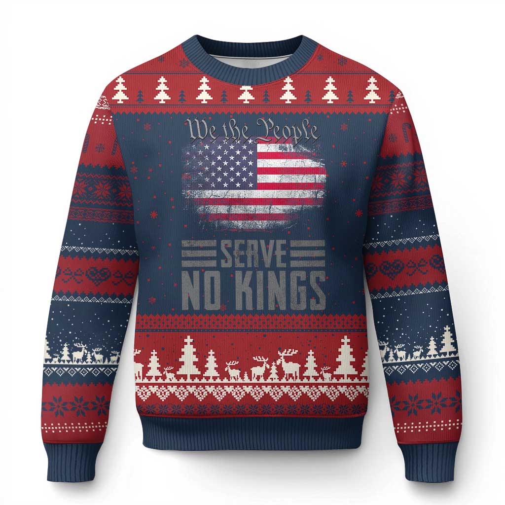 We The People Serve No Kings Ugly Christmas Sweater Patriotic Eagle American Flag TS02 Navy Red Print Your Wear