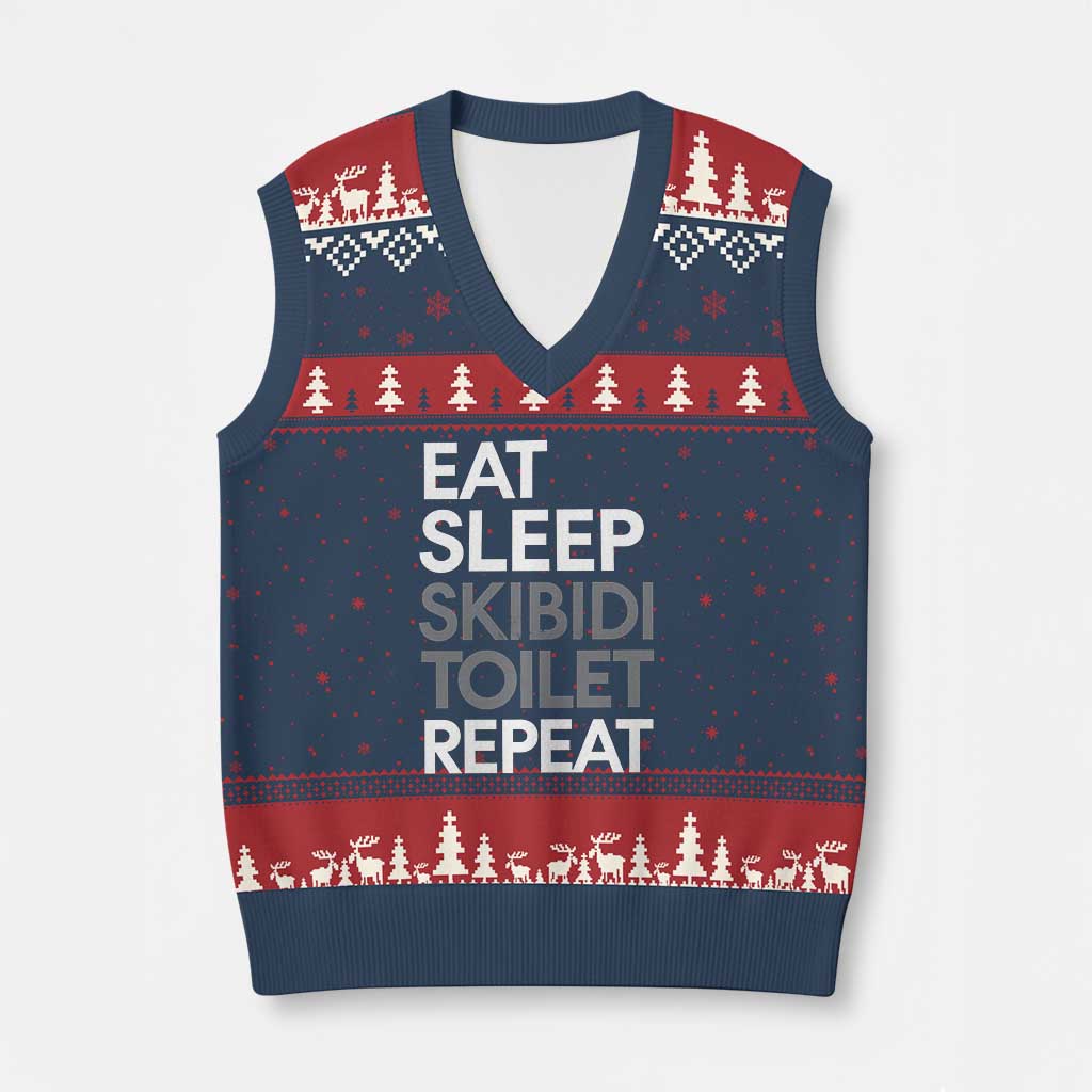 Eat Sleep Skibidi Toilet Repeat V-Neck Knit Sweater Vest Funny Gen Alpha Slang TS02 Navy Red Print Your Wear