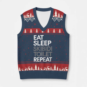 Eat Sleep Skibidi Toilet Repeat V-Neck Knit Sweater Vest Funny Gen Alpha Slang TS02 Navy Red Print Your Wear