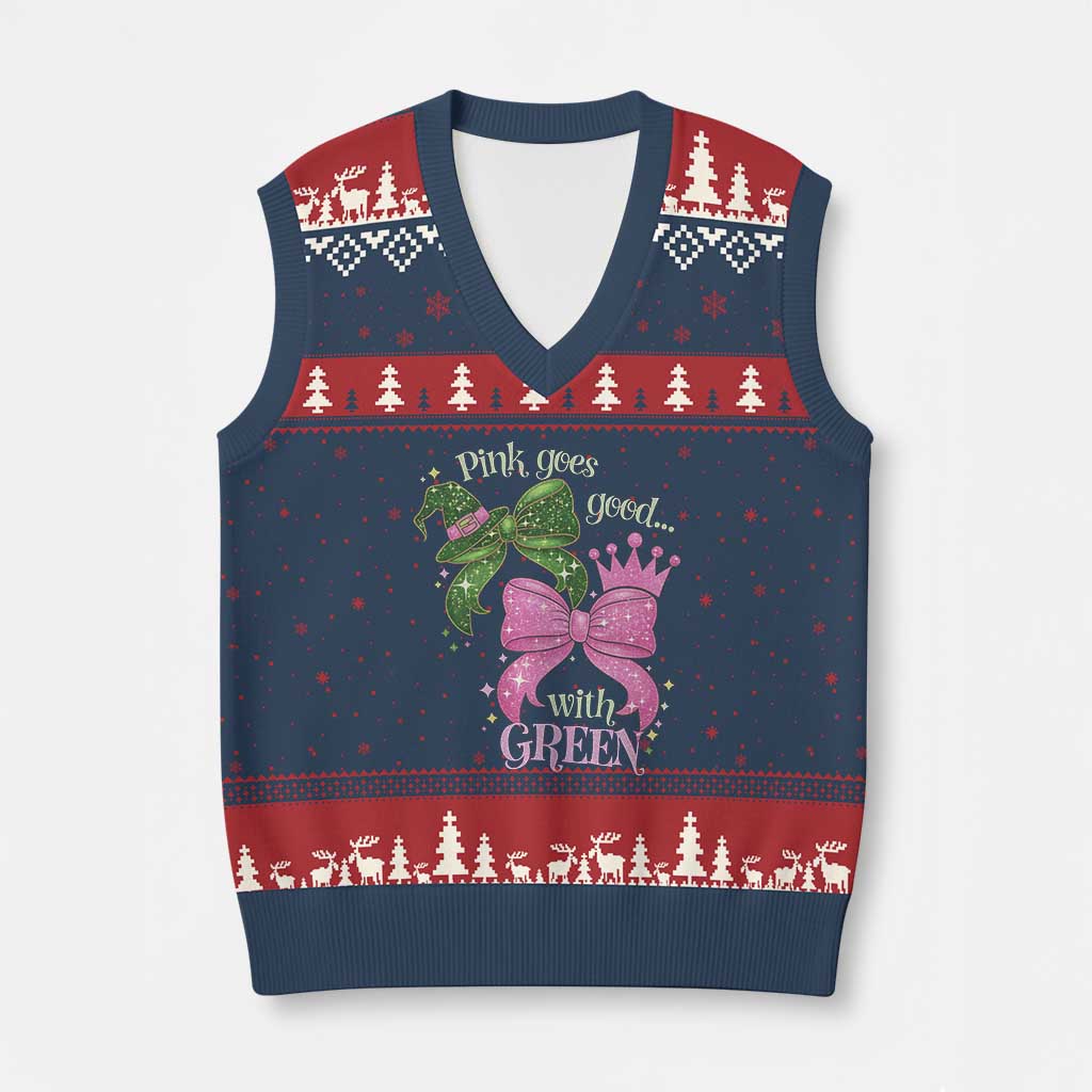 Green and Pink Coquette Bow V-Neck Knit Sweater Vest Pink Goes Good With Green TS02 Navy Red Print Your Wear