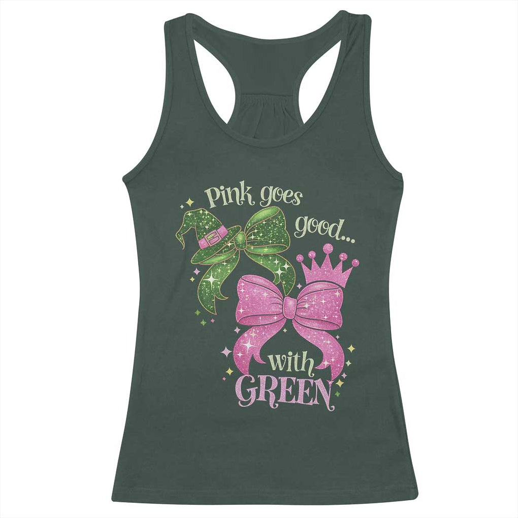 Green and Pink Coquette Bow Racerback Tank Top Pink Goes Good With Green TS02 Dark Forest Green Print Your Wear