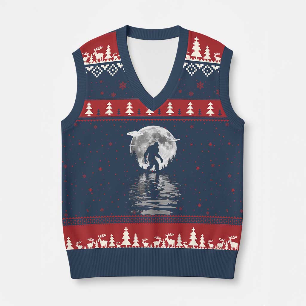 Bigfoot V-Neck Knit Sweater Vest Sasquatch Under The Moon Cryptid TS02 Navy Red Print Your Wear
