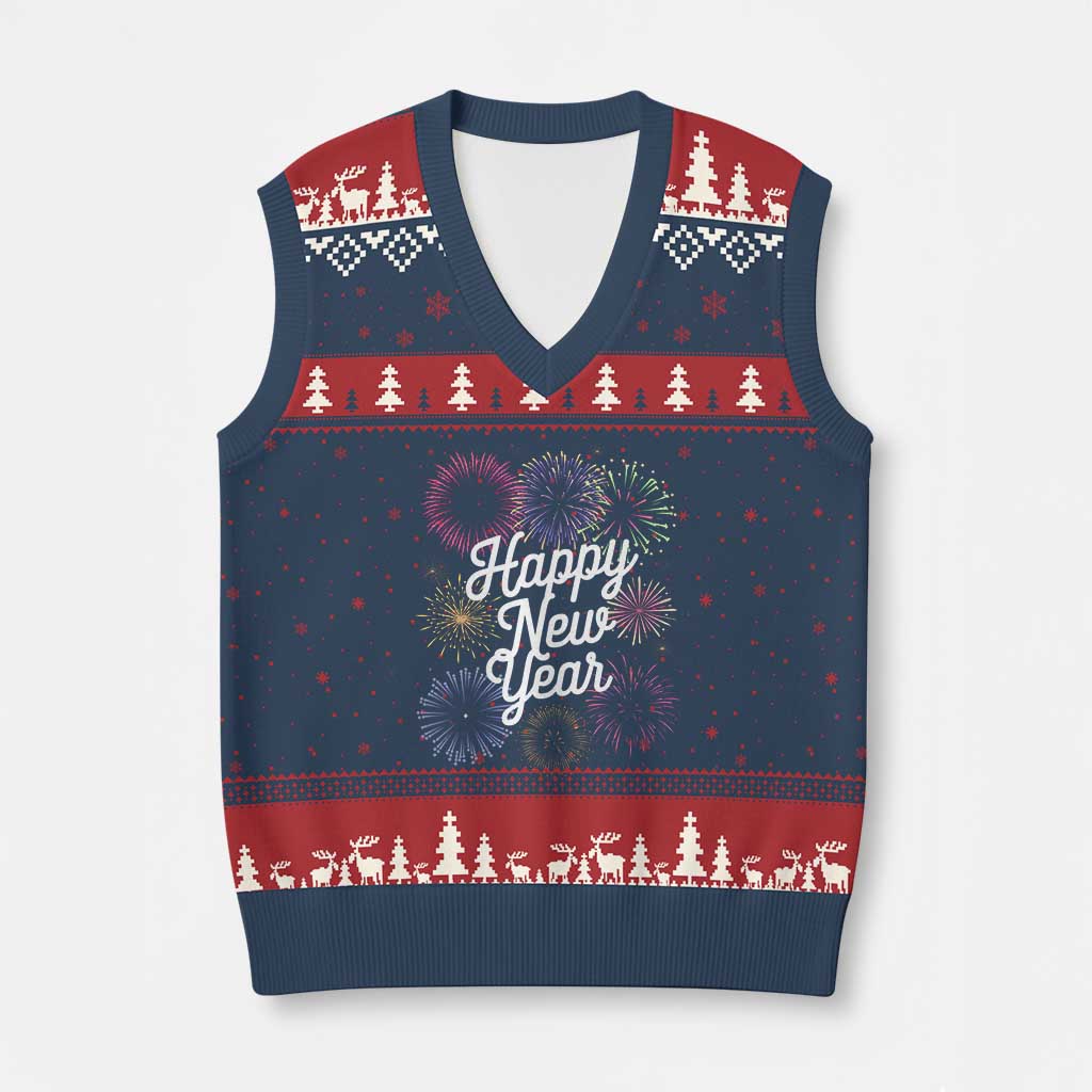 Happy New Year 2025 V-Neck Knit Sweater Vest Fireworks Party Supplies Family Matching TS02 Navy Red Print Your Wear